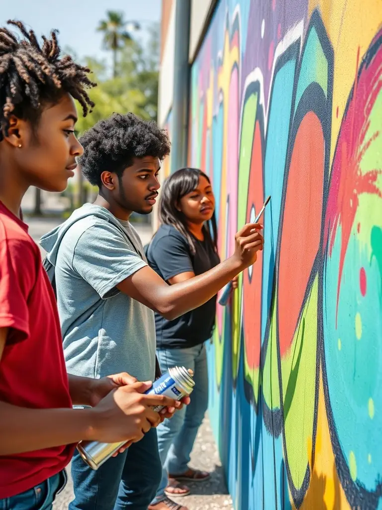 A photograph capturing a group of young artists collaboratively painting a large mural in a community space, showcasing vibrant colors and diverse artistic styles.
