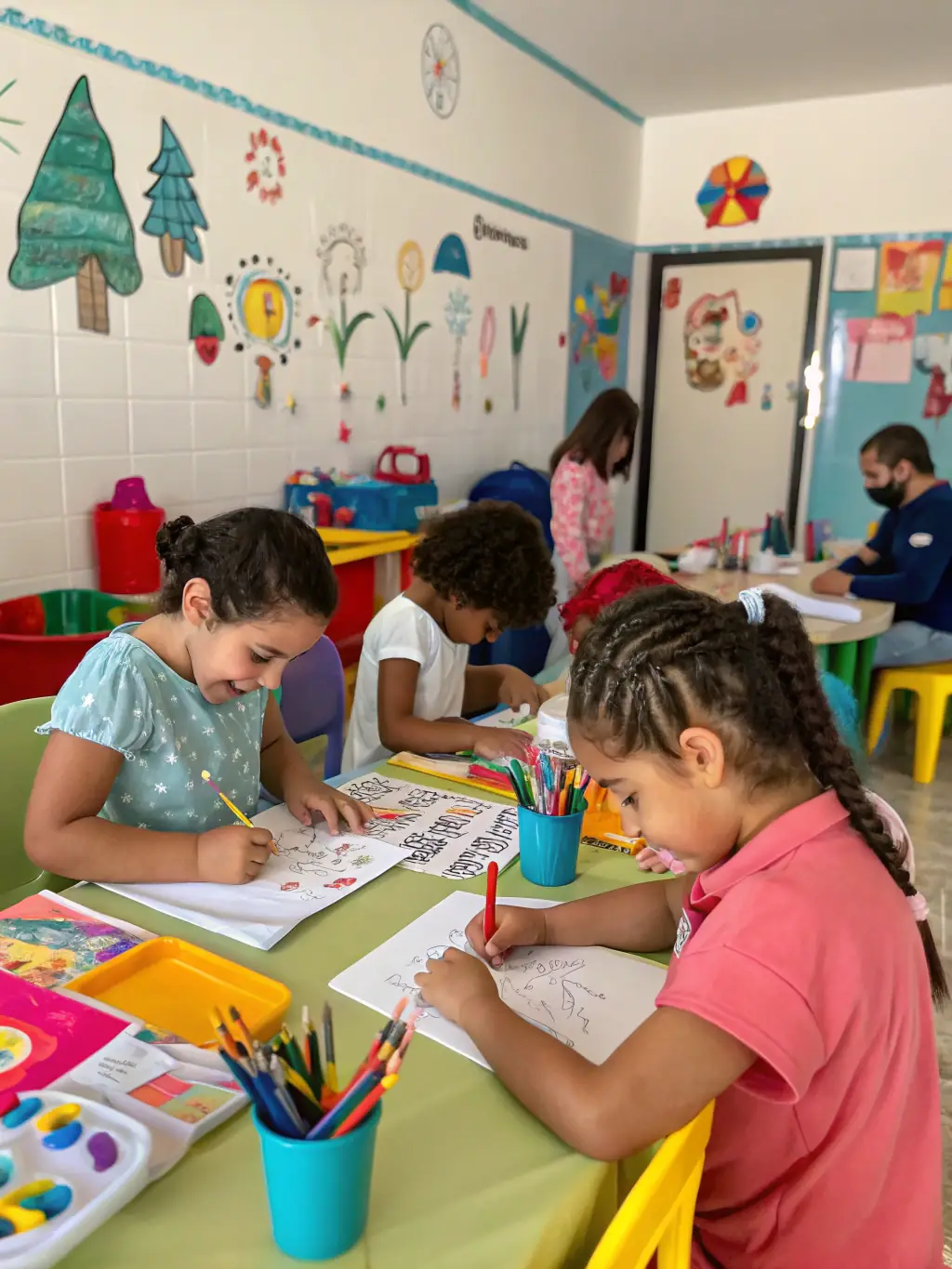 A photo of a dynamic art workshop in progress, featuring a professional artist guiding young participants through various techniques and creative processes.