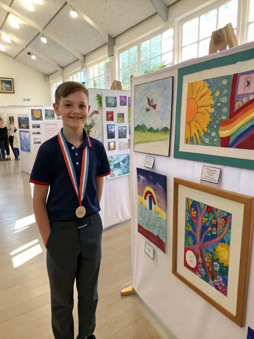 An image depicting a youth art exhibition, with young artists proudly standing next to their displayed artwork, surrounded by an appreciative audience.