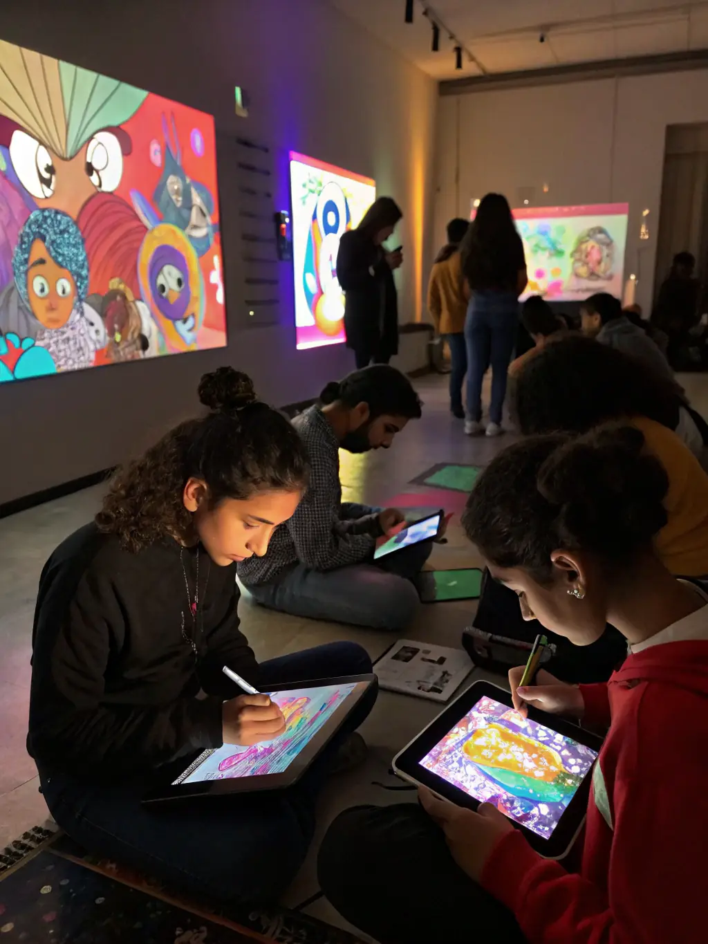 A picture showing young artists participating in a digital art and animation session, using tablets and computers to create innovative digital artworks.