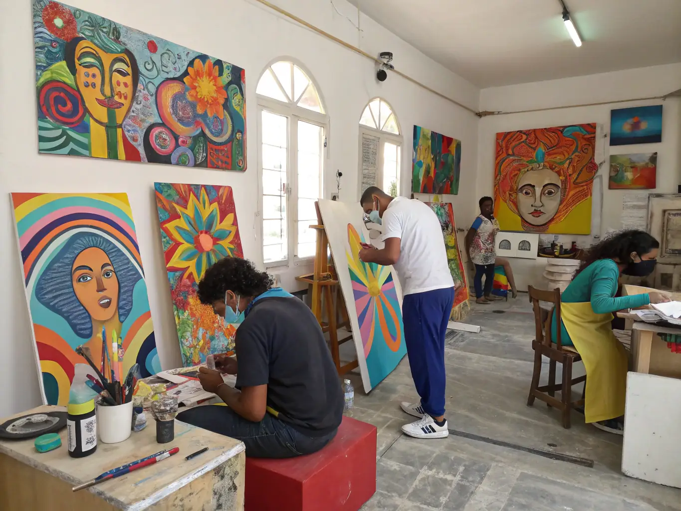A dynamic image of an art workshop in progress, with young artists actively engaged in creating art under the guidance of experienced instructors, emphasizing TOUT EN ART's commitment to art education.