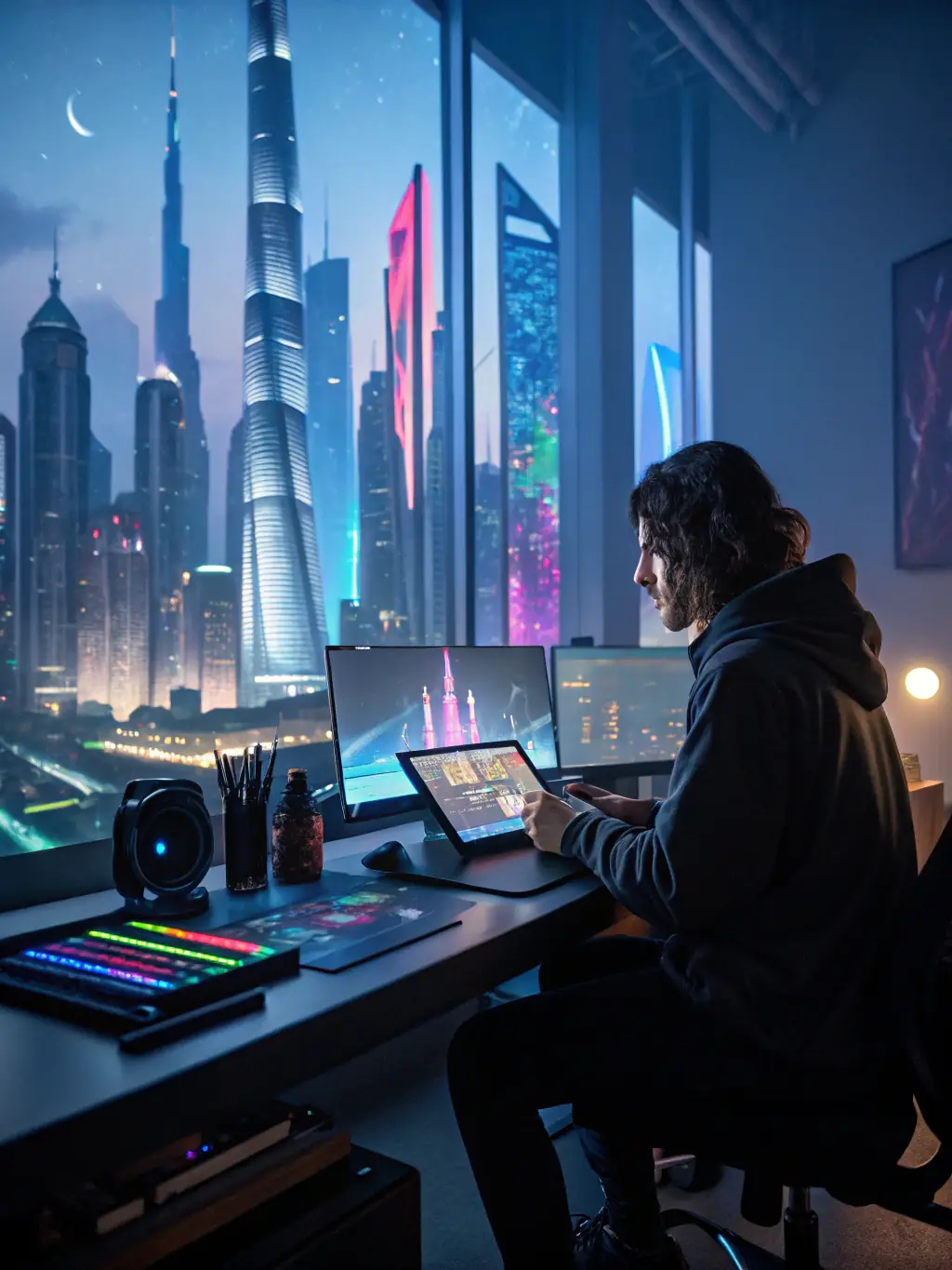 A young artist working on a digital art piece using a tablet and stylus in a modern studio setting, highlighting the technological resources provided by TOUT EN ART.