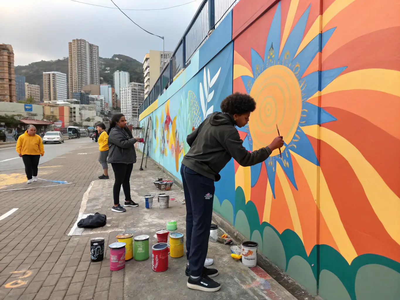 A group of young artists collaborating on a large mural in a community space, showcasing vibrant colors and diverse artistic styles, reflecting the collaborative spirit of TOUT EN ART's workshops.