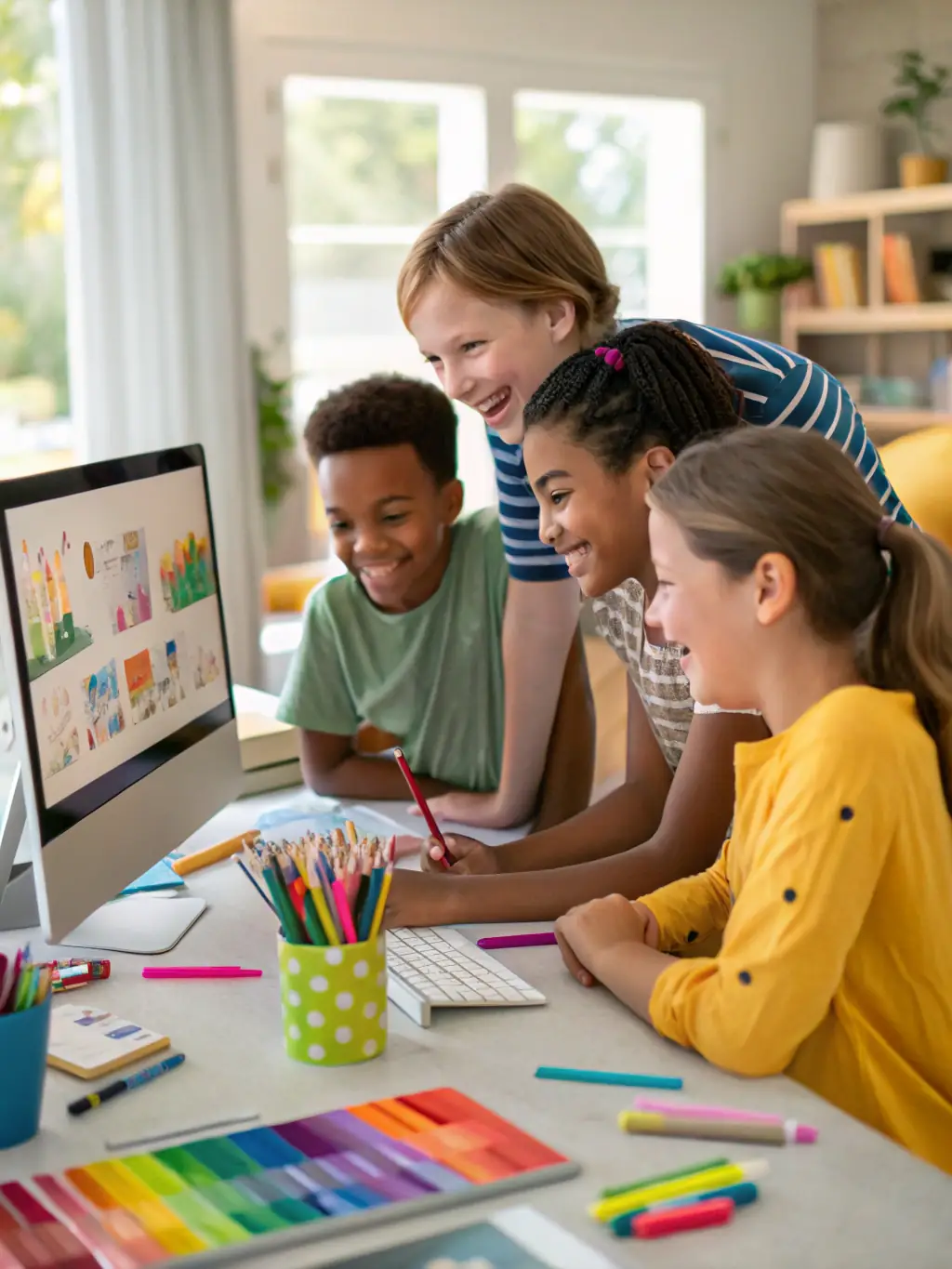 A photograph showing young people from different backgrounds working together on a digital art project, highlighting the inclusive nature of TOUT EN ART's digital arts program.