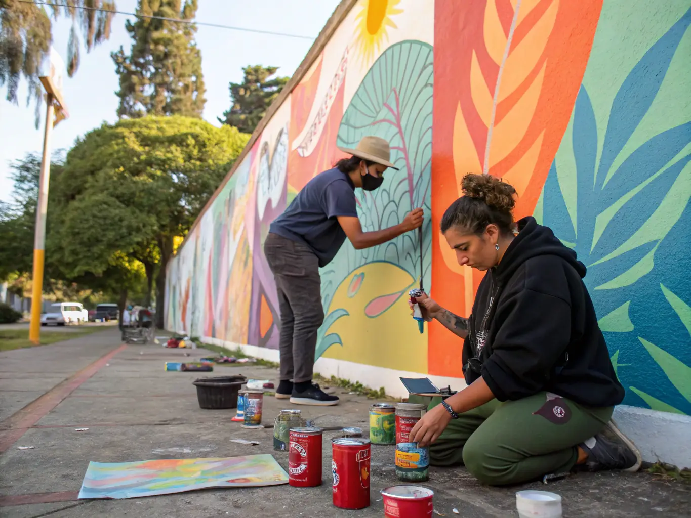 A vibrant image of young artists participating in a collaborative mural painting workshop, showcasing teamwork and creative expression.
