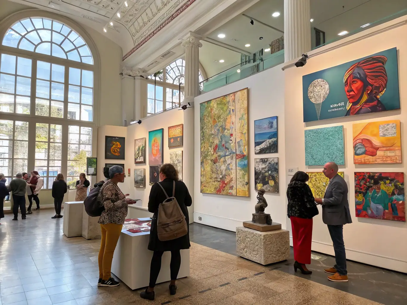 A photograph capturing a youth art exhibition, featuring various artworks created by young artists, with attendees admiring and engaging with the art pieces, highlighting TOUT EN ART's support for emerging talent.