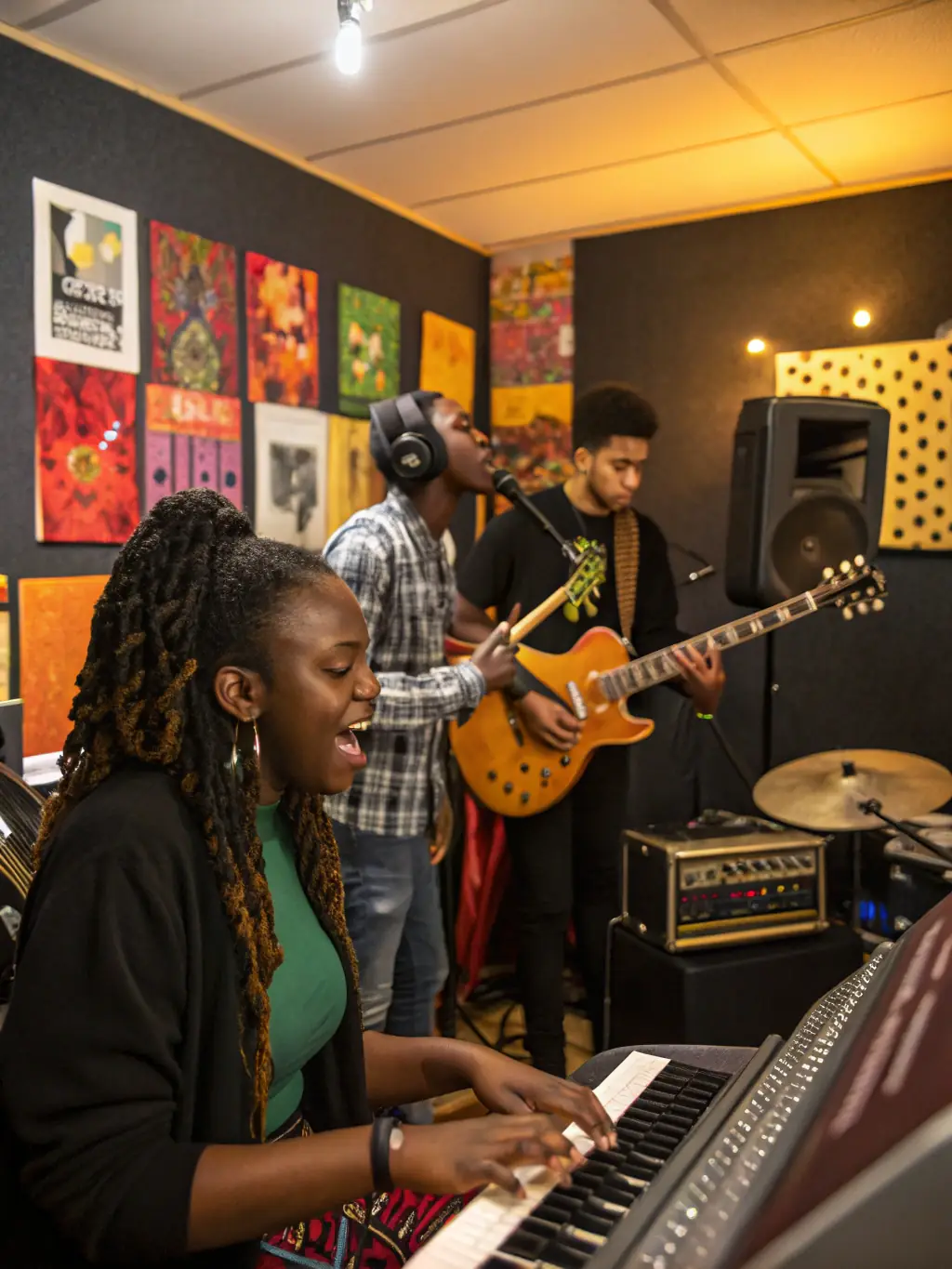 A diverse group of young musicians rehearsing together in a well-equipped music studio, showcasing the collaborative spirit and artistic development fostered by TOUT EN ART.