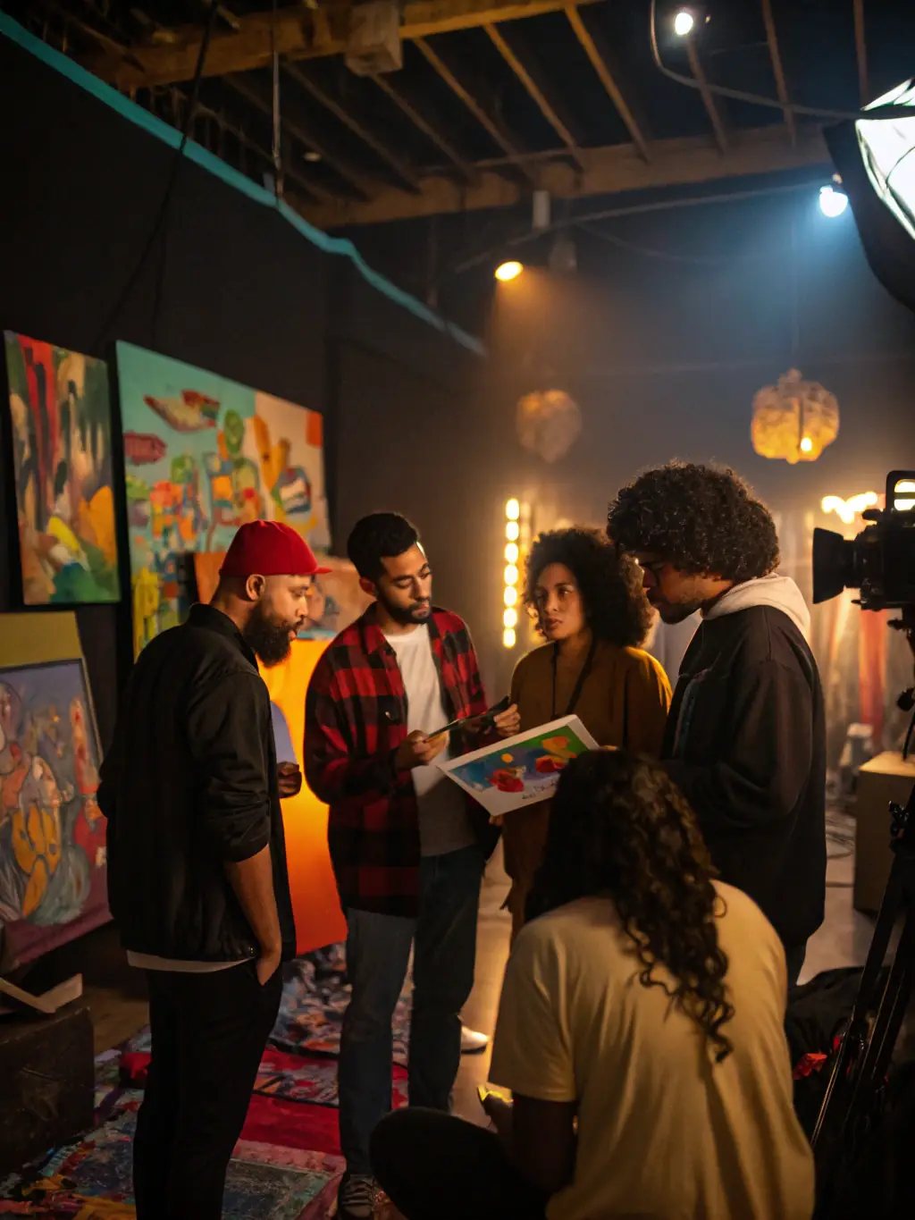 A group of young artists collaboratively painting a large mural in a community space, showcasing vibrant colors and diverse artistic styles, reflecting the inclusive environment of TOUT EN ART.