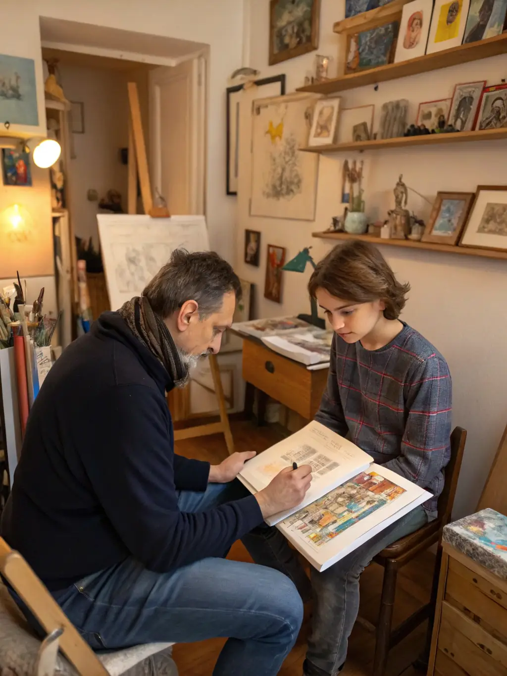 A photo of a young artist receiving mentorship from an established professional artist in a studio setting, highlighting the personalized guidance provided through TOUT EN ART's mentorship program.