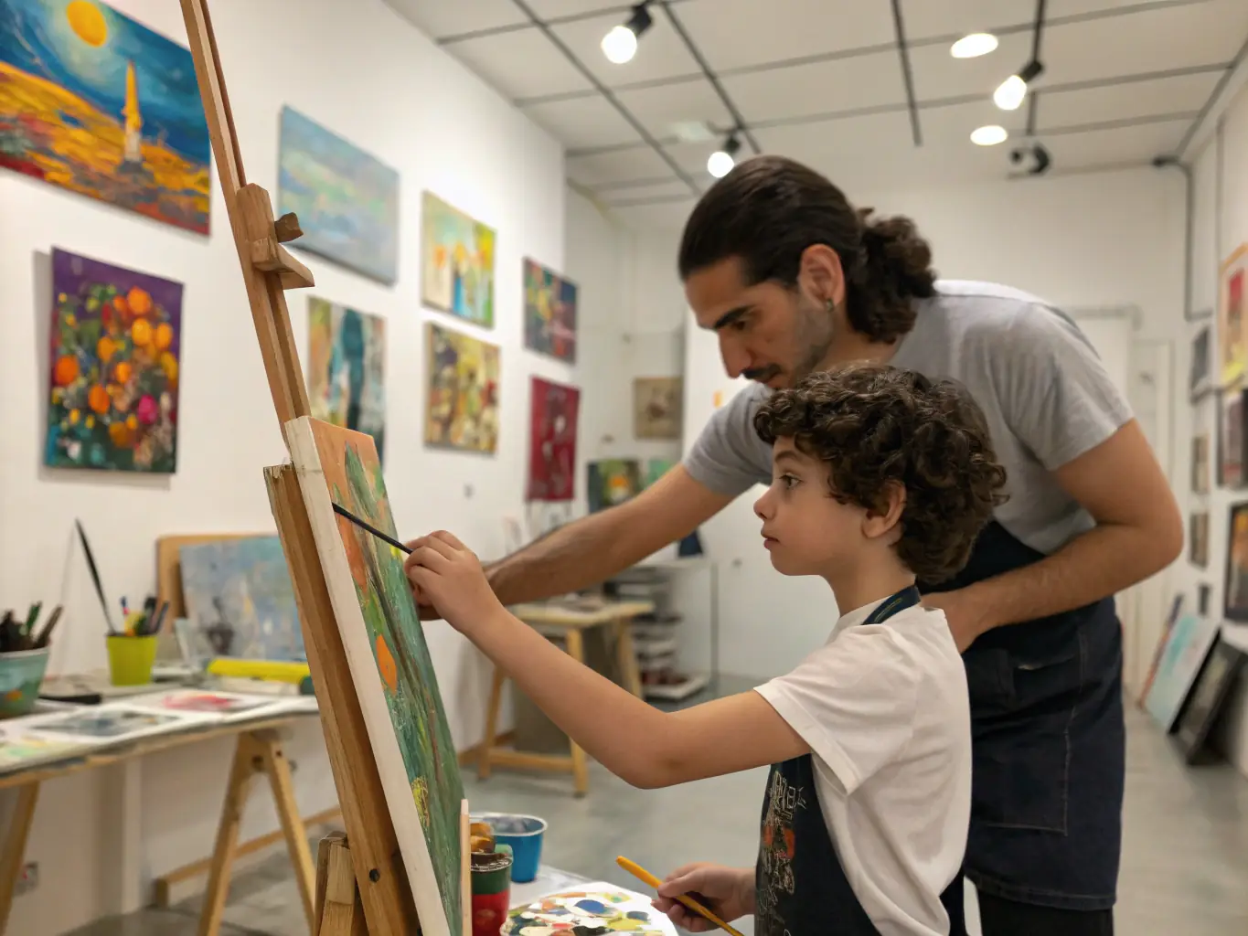 A photo of a young artist working closely with a mentor, receiving guidance and support.
