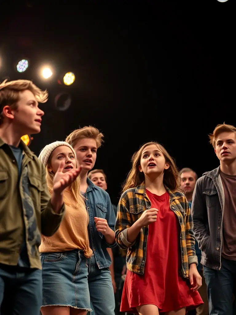 A scene from a youth theater performance, with young actors on stage in colorful costumes, demonstrating the confidence and creativity nurtured by TOUT EN ART's drama program.